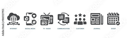 Public relations concept icon illustration with icon of internet, social media, tv, communication, customer, journal and event.