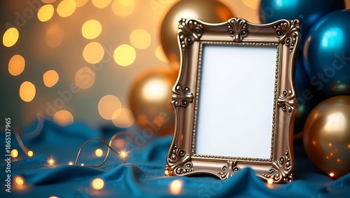 Elegant empty picture frame with golden bokeh lights and balloons