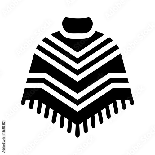 Black and white graphic icon illustration of a traditional poncho with striped pattern and fringe