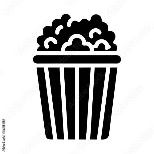 A classic black and white icon depicting a striped bucket overflowing with freshly popped popcorn