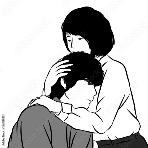 Compassionate woman hugging and comforting a sad man hand drawn line art