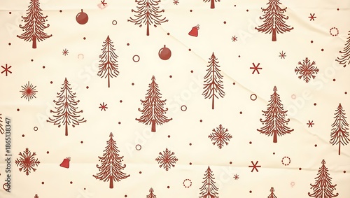 Red christmas trees and snowflakes seamless pattern on cream background