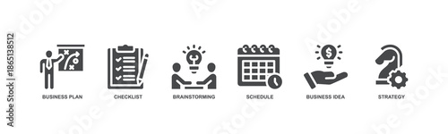 Planning concept icon illustration with icon of business plan, checklist, brainstorming, schedule, business idea, strategy.