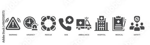 Emergency concept icon vector illustration with icon of warning, urgency, rescue, sos, ambulance, hospital, medical and safety.