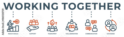 Working together web banner icon vector illustration with icon of reach goals, support, team spirit, collaboration, communication and exchange.