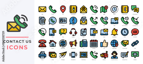 Contact Us icons set collection including phone, email, chat, location, customer service tools and more. Ideal for websites, support pages, apps, and communication-related designs.