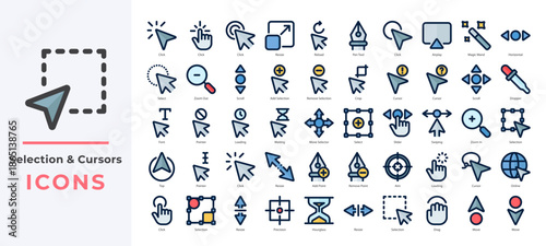 Selection and Cursors icons set themed around cursors, clicks, selections, editing tools and more. Ideal for UI/UX design, creative software interfaces, and digital toolkits.
