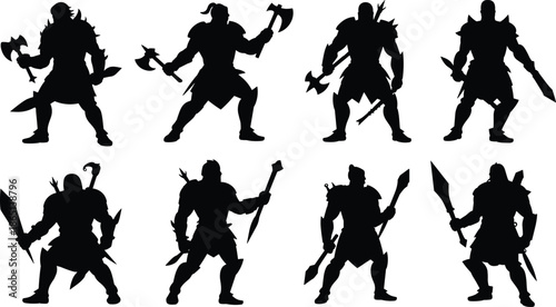 Fantasy Warrior Character Silhouette Collection, Viking and Knight Combat Poses with Weapons, RPG Game Design Vector Illustration, Ancient Soldier Battle Set.