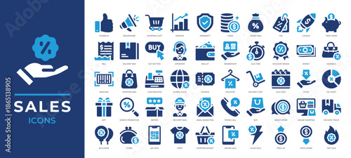 Sales icons set featuring shopping, discounts, money, promotion elements and more. Perfect for e-commerce apps, marketing designs, and online store dashboards.