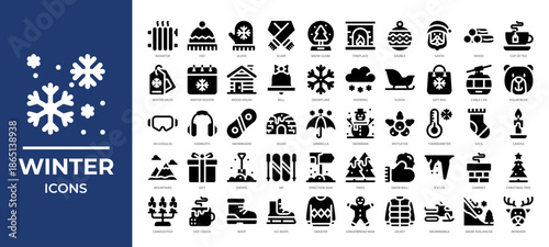 Winter season icons set featuring snow, clothing, holidays, cozy elements and more. Perfect for Christmas designs, seasonal marketing, and festive illustrations.