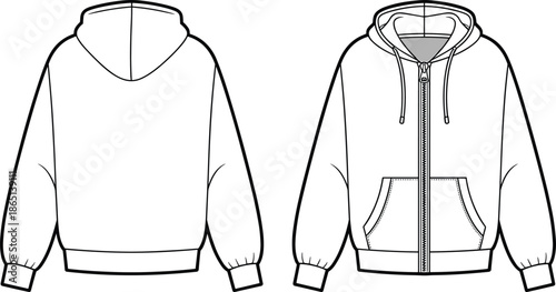 CAD streetwear flat vector illustration of technical apparel templates including zip hoodie, sweatshirts, t-shirts, button down shirts, and drawstring shorts