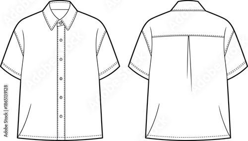 CAD streetwear flat vector illustration of technical apparel templates including t-shirts, button down shirts, and drawstring shorts for fashion design packs