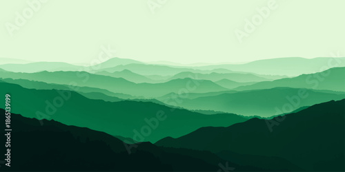 Calm abstract mountain panorama with layered green ridges, subtle lighting, and smooth gradients evoking tranquility, harmony, and modern digital landscape arts