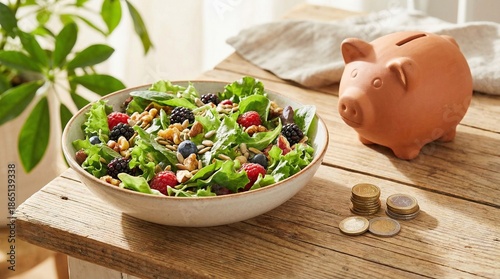 Fresh Healthy Salad with Berries and Nuts on Wooden Table with Piggy Bank and Coins in Bright Natural Light