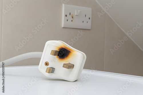 Burnt electrical plug showing fire hazard highlighting severe overheating, damaged wiring, electrical failure risks, home safety concerns, power system malfunction, and urgent maintenance warning