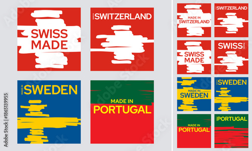 Swiss made Sweden and Portugal country labels with painted flag stripes