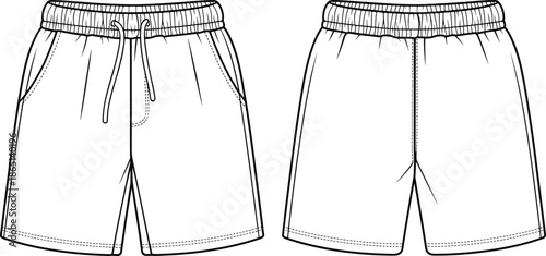CAD streetwear flat vector illustration of men's athletic shorts with elastic drawstring waist and side pockets for fashion design template