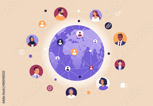 Business Networking Concept. Vector illustration of a global professional network with diverse people connected around a world map. Concept of communication, online connections, and collaboration.
