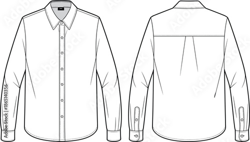 CAD streetwear flat vector illustration of a men's button down shirt template with front and back view for fashion design
