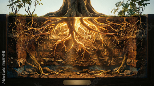 Transparent soil cross-section showing plant roots spreading deep and wide underground