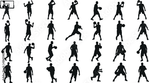 Collection of 20 black silhouette illustrations of basketball players in various dynamic poses and movements on court