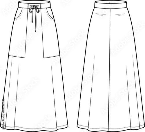CAD streetwear flat vector illustration of a women's maxi skirt with drawstring waist and pockets for fashion tech pack design