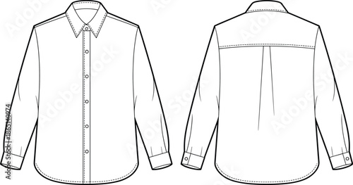 CAD streetwear flat vector illustration of a long sleeve button down shirt template with front and back view for fashion design