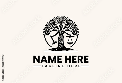 Black and white illustration of a lady justice with a tree for a head holding scales in front of a circular leafy background with space for a logo and tagline on a plain beige background.