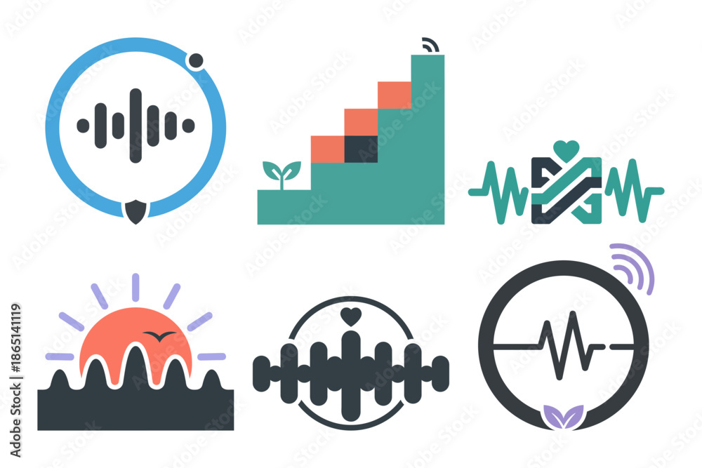 Obraz premium Set of six logo icons representing life pulse for marriage global health natural wellness and medicine