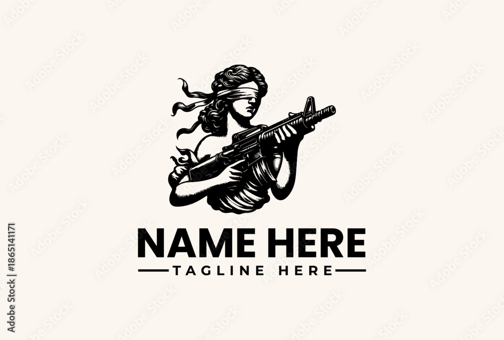 Naklejka premium A black and white illustration of a woman holding a gun, with a placeholder text for a logo or brand name on a plain background, featuring a vector graphic design with an icon style.