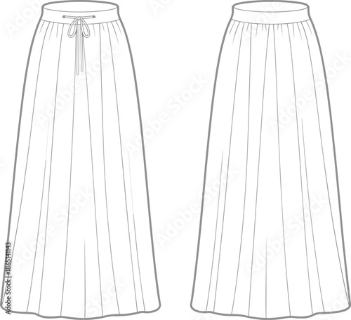 Maxi Skirt Technical Sketch, Women's Long Pleated Skirt CAD Flat Vector Illustration, Fashion Design Template Front and Back View with Drawstring