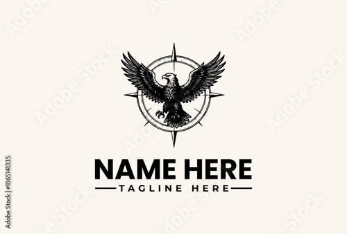 A black and white illustration of an eagle with outstretched wings in a circular compass logo design on a beige background with placeholder text for a name and tagline.