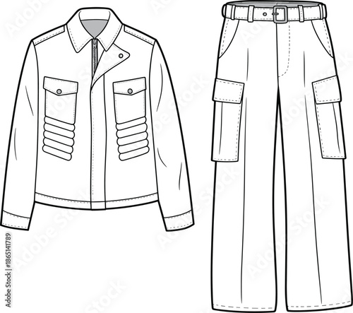 CAD streetwear flat vector illustration of a men's zip-up trucker jacket with ribbed pockets and matching wide-leg cargo pants set.
