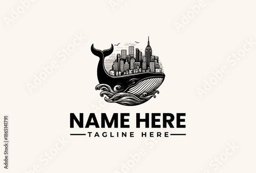 A black and white illustration of a whale with a cityscape on its back, accompanied by a placeholder name and tagline in a simple, modern design against a plain background.