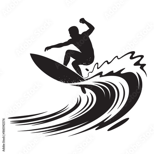 Dynamic graphic art silhouette of a surfer riding a large breaking wave on a surfboard
