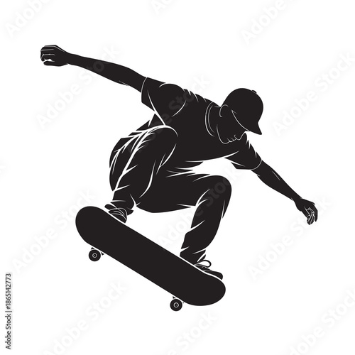 A dynamic silhouette illustration capturing a skateboarder in mid-air performing an impressive trick