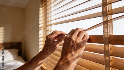 Elderly hands adjusting wooden window blinds with sunlight Retirement Living concept