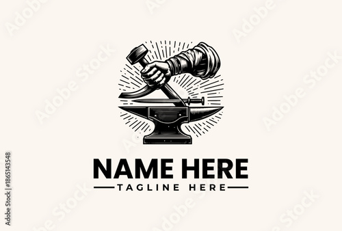Black and white illustration of a muscular arm holding a hammer over an anvil with sunburst lines, on a clean white background, conveying a strong and powerful mood.