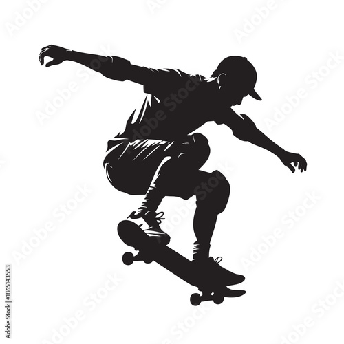 A powerful silhouette illustration captures the dynamic pose of a skateboarder performing a high-flying trick