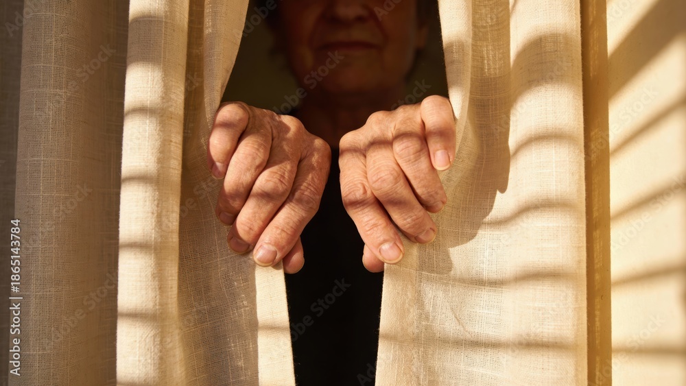 custom made wallpaper toronto digitalElderly hands parting curtains with a shadowed face behind Retirement Living concept