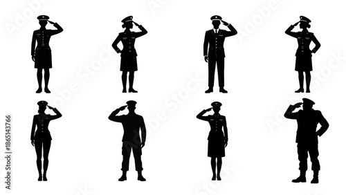 Set of Flat Vector Silhouette Illustrations of Soldiers Saluting, Patriotic Military Concept Symbolizing Bravery, Discipline and National Respect. Ideal for Republic Day, Independence Day, Army Day.