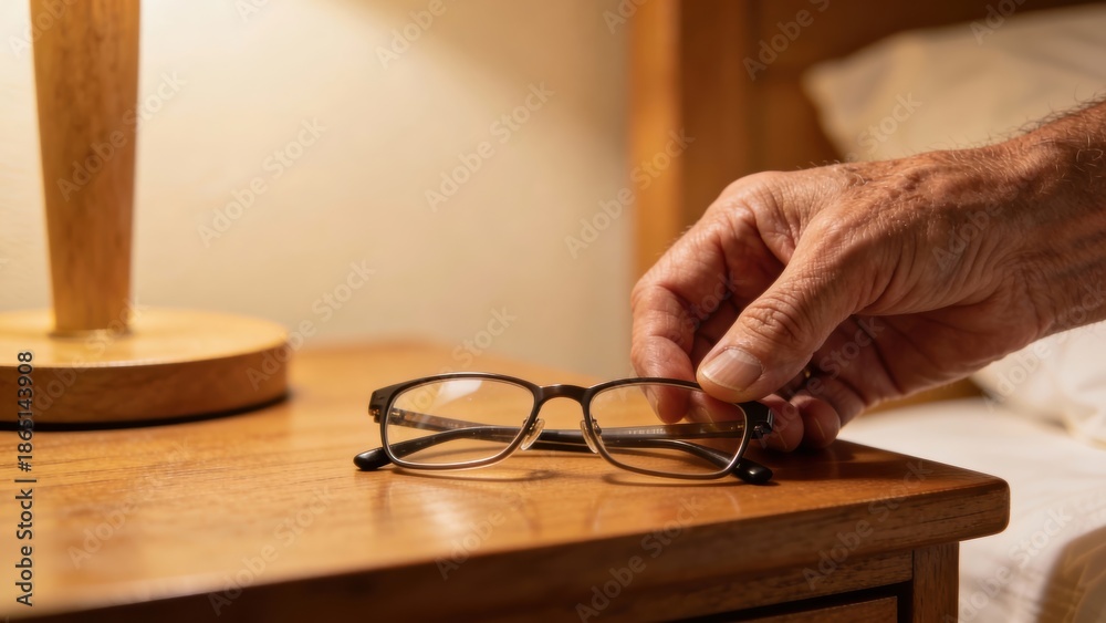 custom made wallpaper toronto digitalElderly hand reaching for eyeglasses on a bedside table Retirement Living concept