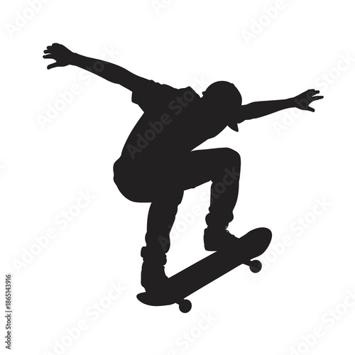 A dynamic silhouette illustration of a skateboarder performing an extreme sport trick