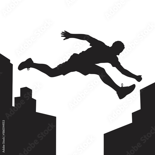 Silhouette illustration of a parkour athlete jumping between rooftops in an urban setting