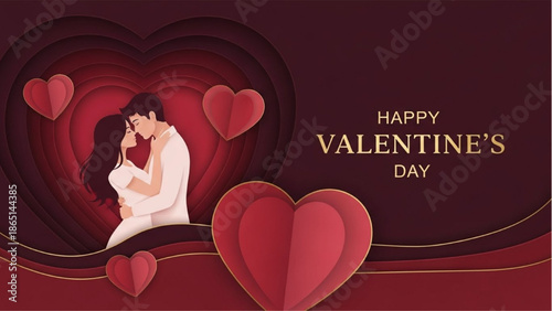 Romantic Couple Embracing with Heart Decorations, Valentine’s Day Greeting, Graphic Design