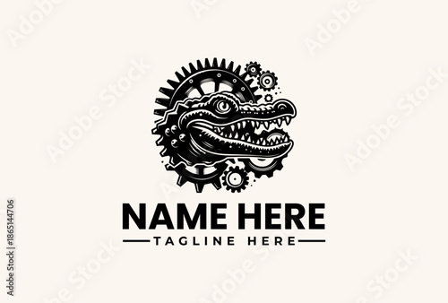 A black and white illustration of a dragon's head made from gears and mechanical parts with a placeholder text for a name and tagline on a plain beige background.
