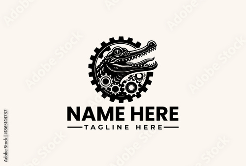 Black and white illustration of a crocodile head integrated into a gear on a beige background with a placeholder text for a logo or brand name.