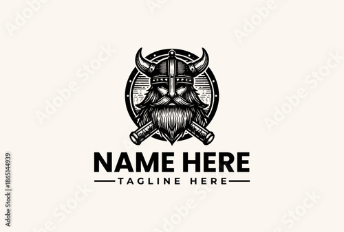 Black and white logo illustration of a bearded viking warrior with horned helmet and crossed axes on a shield against a clean background with space for custom name and tagline.