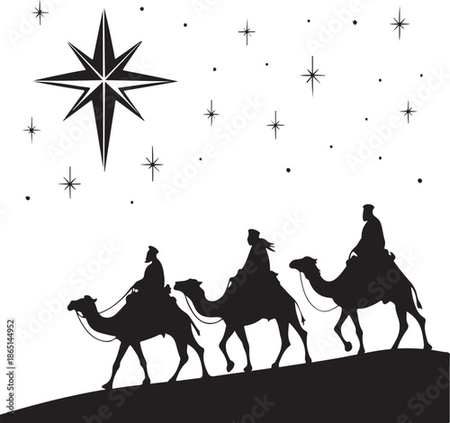 Minimal black silhouette of three wise men riding camels under Bethlehem star on white background, Orthodox Christmas theme, simple vector illustration
