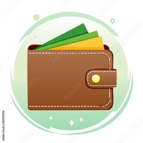 A bright, modern flat vector illustration featuring a brown wallet brimming with green and yellow cash, effectively symbolizing personal financial management, savings, wealth, and monetary prosperity